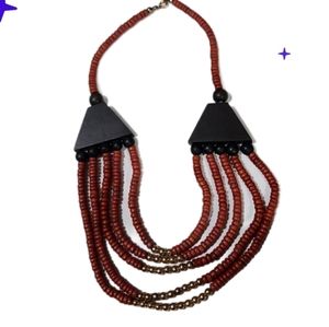 Vintage 80s multi Strand  rust colored wood bead gold bead necklace
